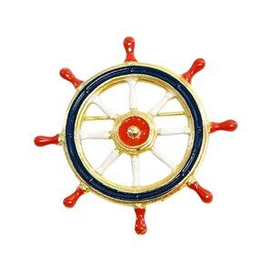 Vintage Nautical wheel Ship Enamel Pin Brooch Red White Blue Gold Design